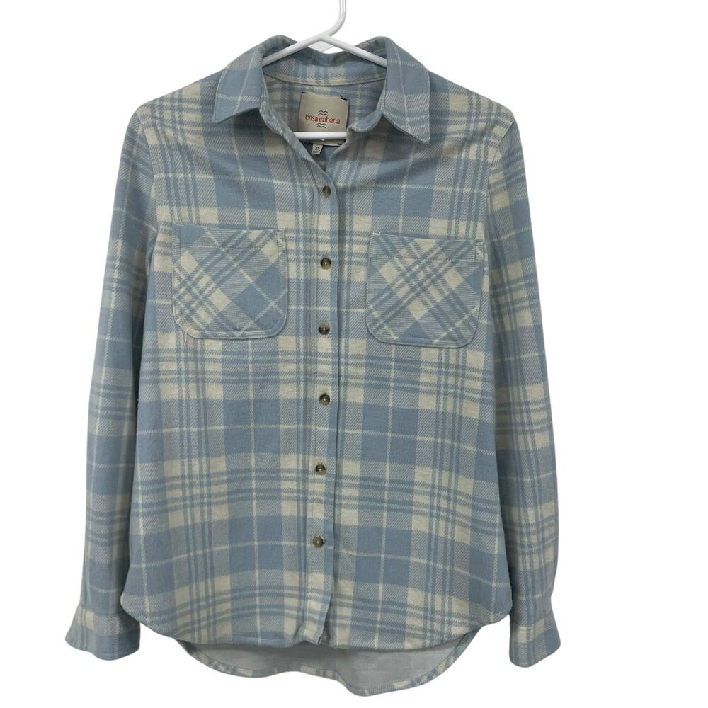 Casa Cabana Button Up Fleece Shirt Cream Blue Plaid Pattern Womens XS